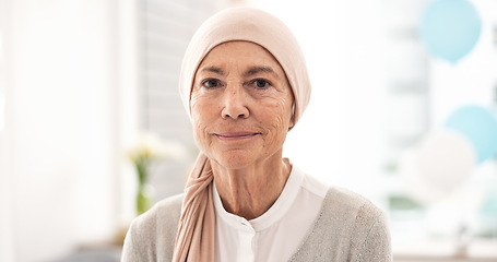 Image showing Face, elderly woman and cancer patient in hospital for healthcare, wellness and healing. Portrait, senior and sick person in clinic with strong mindset for courage to fight for health in retirement