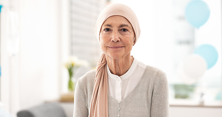 Image showing Face, senior woman and cancer patient in hospital for healthcare, wellness and healing. Serious portrait, elderly and sick person in clinic with courage mindset to fight for health in retirement