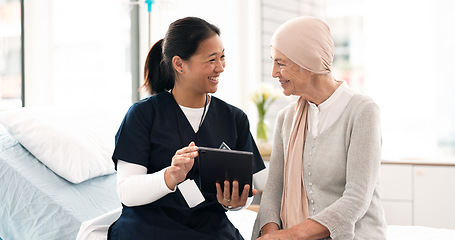 Image showing Tablet, nurse and woman with cancer patient in hospital, consultation and wellness. Technology, happy and medical professional with sick senior person for advice, healthcare and support in clinic