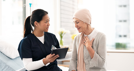 Image showing Tablet, nurse and woman with cancer patient, elderly and hospital consultation for wellness. Tech, happy and medical professional with sick senior person coughing for advice, healthcare or support