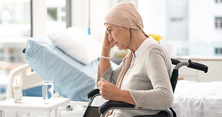 Image showing Cancer, Parkinson and angry elderly woman at hospital in wheelchair frustrated after chemotherapy or treatment. Health, elderly care and lady patient with disability, sick or disease and depression