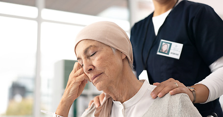 Image showing Comfort, senior woman and cancer patient with nurse in hospital for support, healthcare and thinking. Sick elderly person, hand of medical professional and hope, empathy and courage in consultation