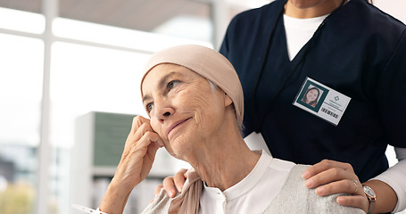 Image showing Comfort, senior woman and cancer patient with nurse in hospital for support, healthcare and thinking. Sick elderly person, hand of medical professional and hope, empathy and courage in consultation