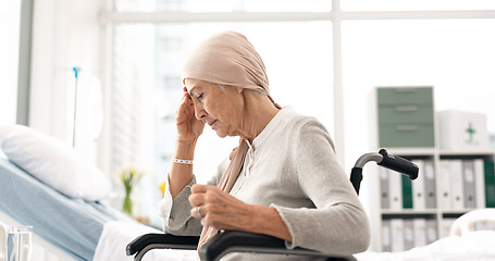 Image showing Depression, cancer and angry elderly woman at hospital in wheelchair frustrated after chemotherapy or treatment. Health, elderly care and lady patient with disability, sick or disease and Parkinson