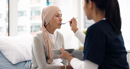 Image showing Cancer, nurse and food with old woman in hospital for help, medical and support. Healthcare, medicine and rehabilitation with senior patient and caregiver in clinic for nursing, empathy and oncology