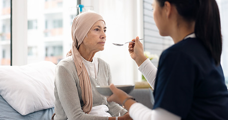 Image showing Cancer, nurse and help with old woman in hospital for food, medical and support. Healthcare, medicine and rehabilitation with senior patient and caregiver in clinic for nursing, empathy and oncology