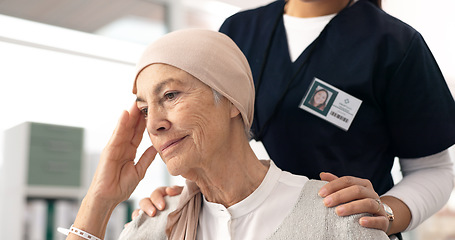 Image showing Comfort, senior woman and cancer patient with nurse in hospital for support, healthcare and thinking. Sick elderly person, hand of medical professional and hope, empathy and courage in consultation