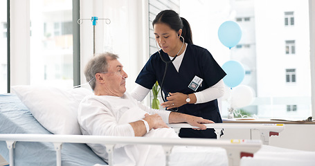 Image showing Senior man, stethoscope or nurse check medical health, breathing or patient cardiology, lungs exam or elderly care. Hospital bed, retirement home or healthcare person, doctor or caregiver test client