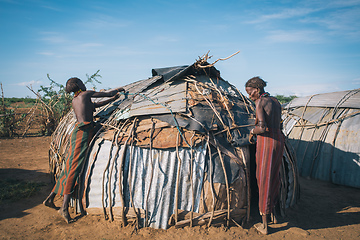 Image showing Dasanesh woman repairing hut, Omorate, Omo Valley, Ethiopia