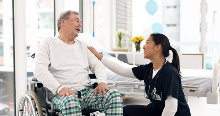 Image showing Senior happy man, communication or nurse talking, chat and consulting on medical results, healthcare or rehabilitation. Hospital wheelchair, nursing home caregiver or disabled person listen to doctor