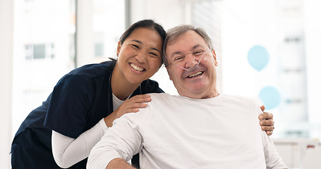 Image showing Hospital, nurse and senior man hug for comfort, empathy and support for cancer patient. Healthcare, clinic and portrait of female health worker embrace male person for medical care, service and help