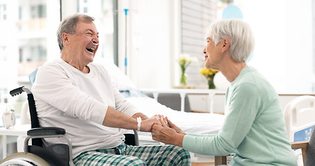 Image showing Hospital, talking and woman visit man for comfort, care and support for wellness, service and surgery. Healthcare, medical clinic and friend with patient for recovery, rehabilitation and conversation