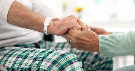 Image showing Love, holding hands and senior couple support, empathy or elderly care for patient with medical problem, risk or disease. Retirement home, clinic closeup or old people with compassion, trust and bond