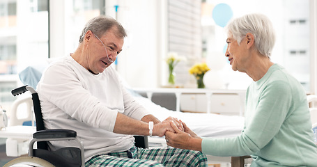 Image showing Hospital, talking and woman visit man for comfort, care and support for wellness, service and surgery. Healthcare, medical clinic and friend with patient for recovery, rehabilitation and conversation