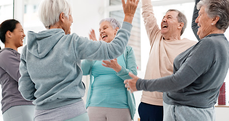 Image showing Fitness, hands together and senior people for exercise support, celebration and teamwork in workout class. Exercise, training goal and group of elderly man and women with high five for health success