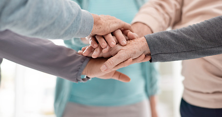 Image showing Fitness, high five and senior people for exercise support, collaboration and teamwork in yoga studio. Pilates, training and happy group of elderly man and women with hands together for health success