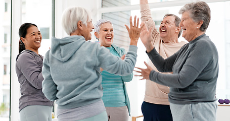 Image showing Fitness, hands together and senior people for exercise support, celebration and teamwork in workout class. Exercise, training goal and group of elderly man and women with high five for health success