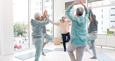 Image showing Senior workout, people with coach for fitness, wellness and training together. Happy, gym and elderly group of friends with trainer and gear for exercise in nursing home for retirement