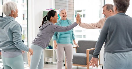 Image showing Fitness, high five and senior people for exercise support, collaboration and teamwork in yoga studio. Pilates, training and happy group of elderly man and women with hands together for health success