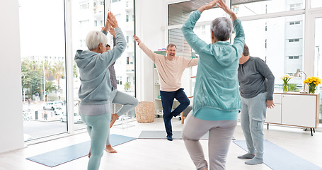 Image showing Senior workout, people with coach for fitness, wellness and training together. Happy, gym and elderly group of friends with trainer and gear for exercise in nursing home for retirement
