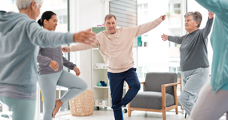 Image showing Old people in yoga class, fitness and stretching with happiness, wellness and retirement. Health, exercise and warm up, women and workout with elderly care and zen, mindfulness and vitality in gym