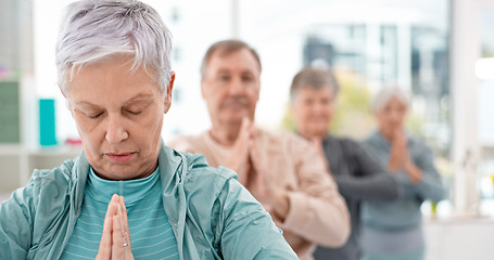 Image showing Old people in yoga class, exercise and meditation with breathing, wellness and retirement. Health, fitness and healing with group workout, holistic with zen and peace, mindfulness and vitality