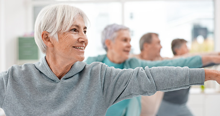 Image showing Old people in yoga class, fitness and stretching with happiness, wellness and retirement. Health, exercise and warm up, women and workout with elderly care and zen, mindfulness and vitality in gym