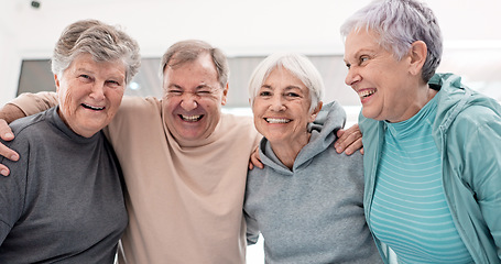 Image showing Elderly friends, selfie and smile in exercise group with hug, care and funny laugh with excited face for teamwork. Senior women, men and comic memory in gym, fitness or happy for post on social media