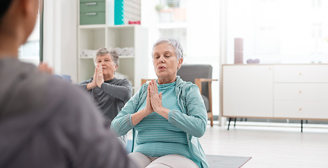 Image showing Old people in yoga class, fitness and meditation with breathing, wellness and retirement. Health, exercise and stretching, women and workout with elderly care and zen, mindfulness and vitality