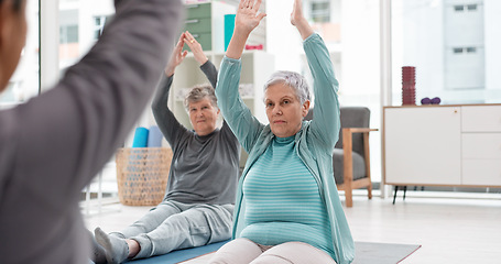 Image showing Old people in yoga class, fitness and meditation with breathing, wellness and retirement. Health, exercise and stretching, women and workout with elderly care and zen, mindfulness and vitality