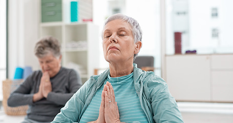 Image showing Senior people, yoga class and coach meditation, prayer and peace hands for exercise, holistic wellness and mindfulness. Spiritual workout, group and calm elderly women, clients and personal trainer