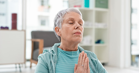 Image showing Yoga, namaste meditation and woman breathing for mindfulness, senior exercise or healing at home. Face of healthy old lady, breathe and meditate with prayer hands for zen, wellness and focus on peace