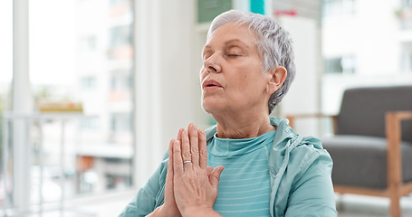 Image showing Yoga, namaste meditation and woman breathing for mindfulness, senior exercise or healing at home. Face of healthy old lady, breathe and meditate with prayer hands for zen, wellness and focus on peace