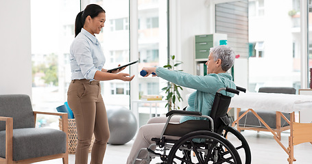 Image showing Woman with disability, physiotherapy and dumbbell exercise for healthcare assessment, test or digital checklist of medical progress. Physiotherapist, tablet or consulting senior patient in wheelchair