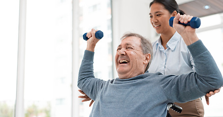 Image showing Physical therapy, senior patient with dumbbells and chiropractor with weightlifting, monitor progress and exercise. Help, support with old man and woman at clinic, muscle and health with physio