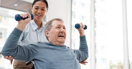 Image showing Physical therapy, senior patient with dumbbells and chiropractor with weightlifting, monitor progress and exercise. Help, support with old man and woman at clinic, muscle and health with physio