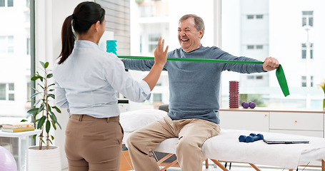 Image showing Physical therapy, patient and chiropractor, stretching with resistance band and muscle with high five. Help, support and woman with old man at clinic, elderly care and fitness with physio success