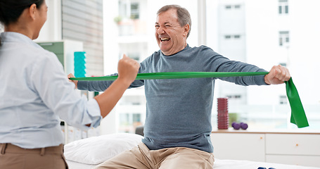 Image showing Physiotherapy, stretching band and senior man for doctor support in physical therapy, rehabilitation or healthcare. Medical woman or chiropractor consulting elderly patient for muscle health services