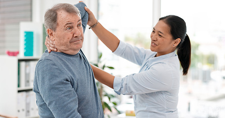 Image showing Old man, patient and physiotherapy of arm, medical rehabilitation or consulting doctor. Woman, physiotherapist and stretching for assessment of shoulder pain, arthritis or healthcare advice in clinic