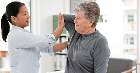 Image showing Physical therapy, therapist and senior woman for elbow, joint pain and stretching support or rehabilitation. Physiotherapy, medical professional or chiropractor person for arm check of elderly client