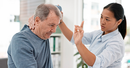 Image showing Man, patient and physiotherapist stretching arm, muscle and healthcare of rehabilitation, consulting or helping. Woman, physiotherapy and senior support for shoulder pain, arthritis or medical advice