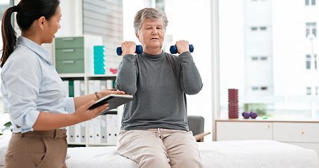 Image showing Physical therapy, senior patient with dumbbells and chiropractor with tablet, monitor progress and exercise. Help, support and women at clinic, weightlifting and elderly care with health and physio