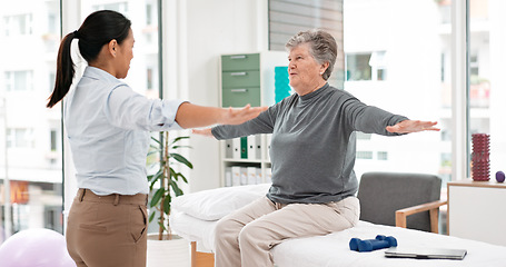 Image showing Physical therapy, senior patient and chiropractor, stretching and motion with exercise and progress in consultation. Help, support and women at clinic, elderly care and fitness with health and physio