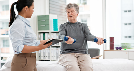 Image showing Physiotherapy tablet, senior woman and dumbbell for muscle, fitness and stretching support on digital checklist. Physical therapy, medical or chiropractor person helping elderly patient with exercise