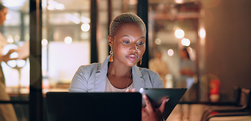 Image showing Black woman, focus with tablet for research online and reading digital report or article for project. Busy, corporate and technology, email and networking with typing and sign virtual document