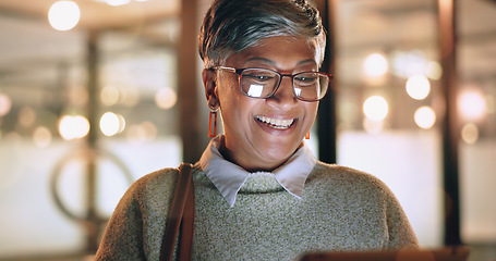 Image showing Face, tablet and senior woman in office laughing at funny meme or video at night. Technology, break and happy elderly female with touchscreen on social media reading comic story after working late.