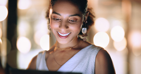Image showing Screen, office and face of black woman at night working online, reading internet website and do research. Business, technology and female worker networking on tablet, computer or laptop in workplace
