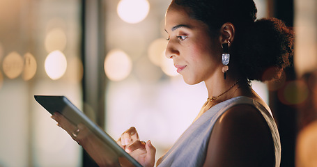 Image showing Black woman, night business and tablet for social networking connection, online management and media research. Young female worker, digital technology and data analysis, planning or website analytics