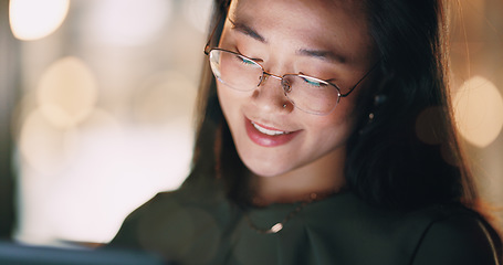 Image showing Business woman, face or tablet in night office on digital marketing ideas, advertising strategy planning or branding growth innovation. Smile, happy or creative Japanese designer working late on tech