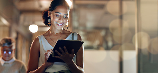 Image showing Tablet, team and black woman in office walking to business meeting doing research, online and using internet. Teamwork, leadership and group of busy female workers together in corporate workplace